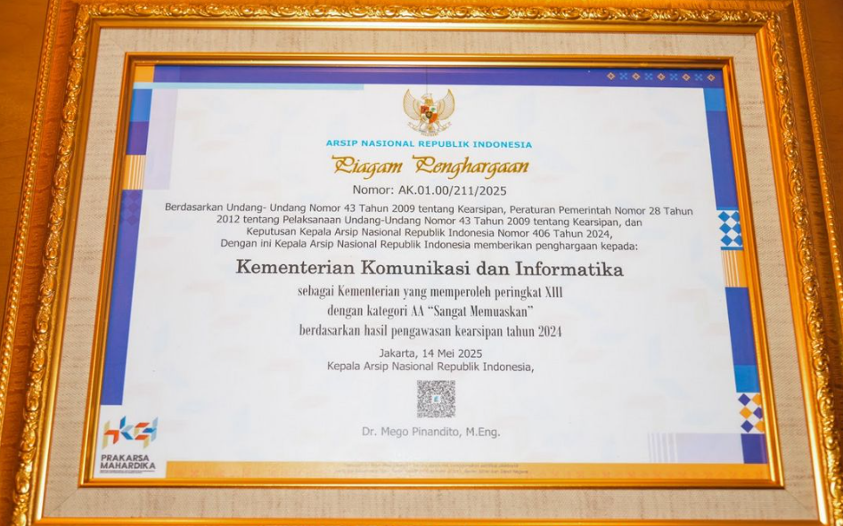 Kementerian Komdigi Dianugerahi Predikat "Sangat Memuaskan" dari ANRI dalam Tata Kelola Pemerintahan Modern